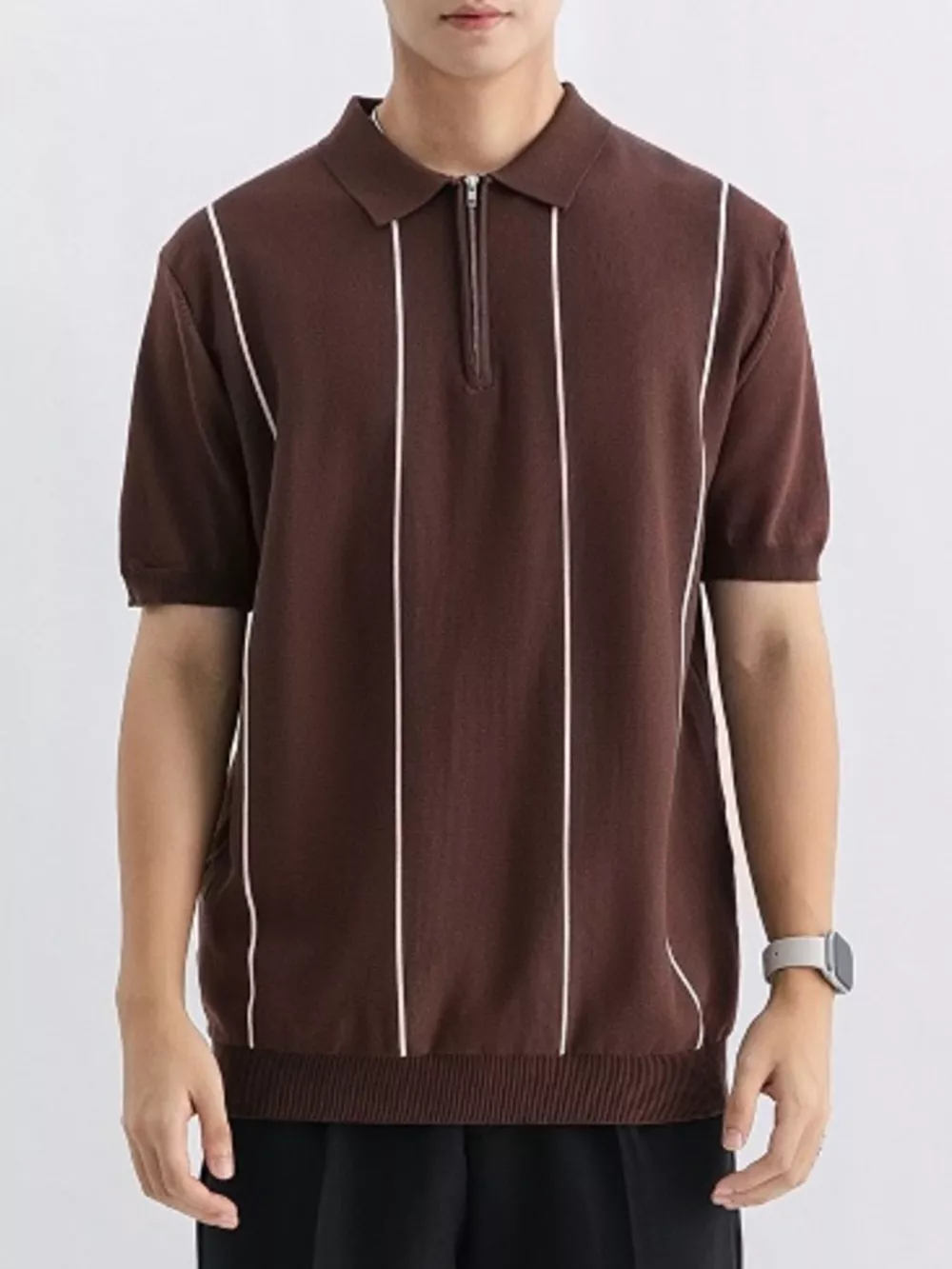Men's Plus Size Striped Zip-Up Knit Polo, image 3