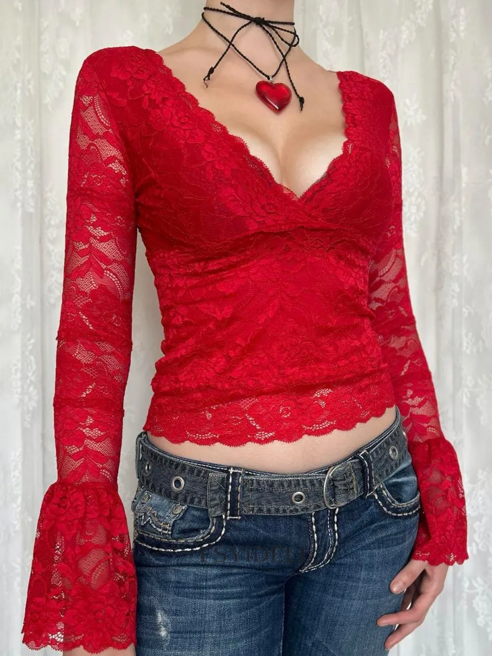 Lace Surplice Long Sleeve Blouse, image 6