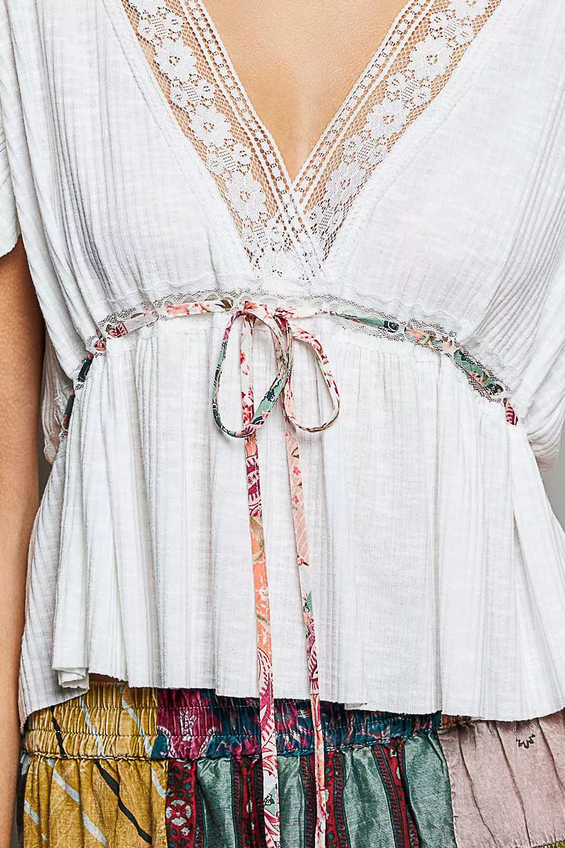 Tied Ruffled V-Neck Short Sleeve Blouse with Lace Detail, image 4