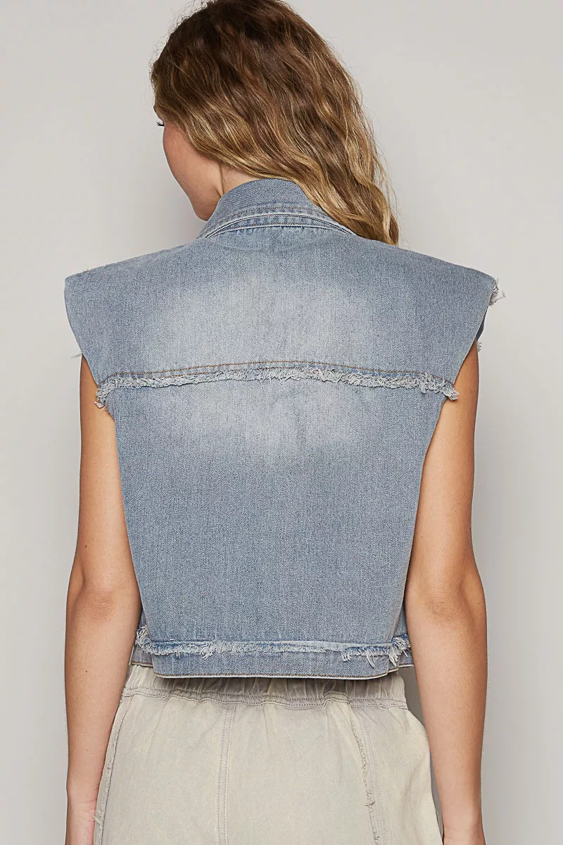 Assymetrical Front Closure Raw Hem Denim Vest, image 6