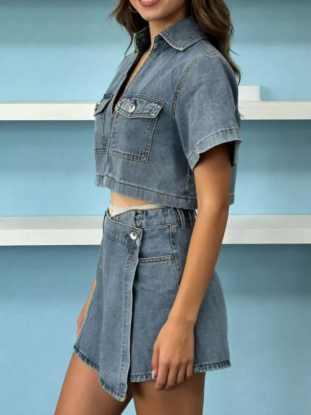 Short Sleeve Cropped Top and Skort Denim Set, image 2