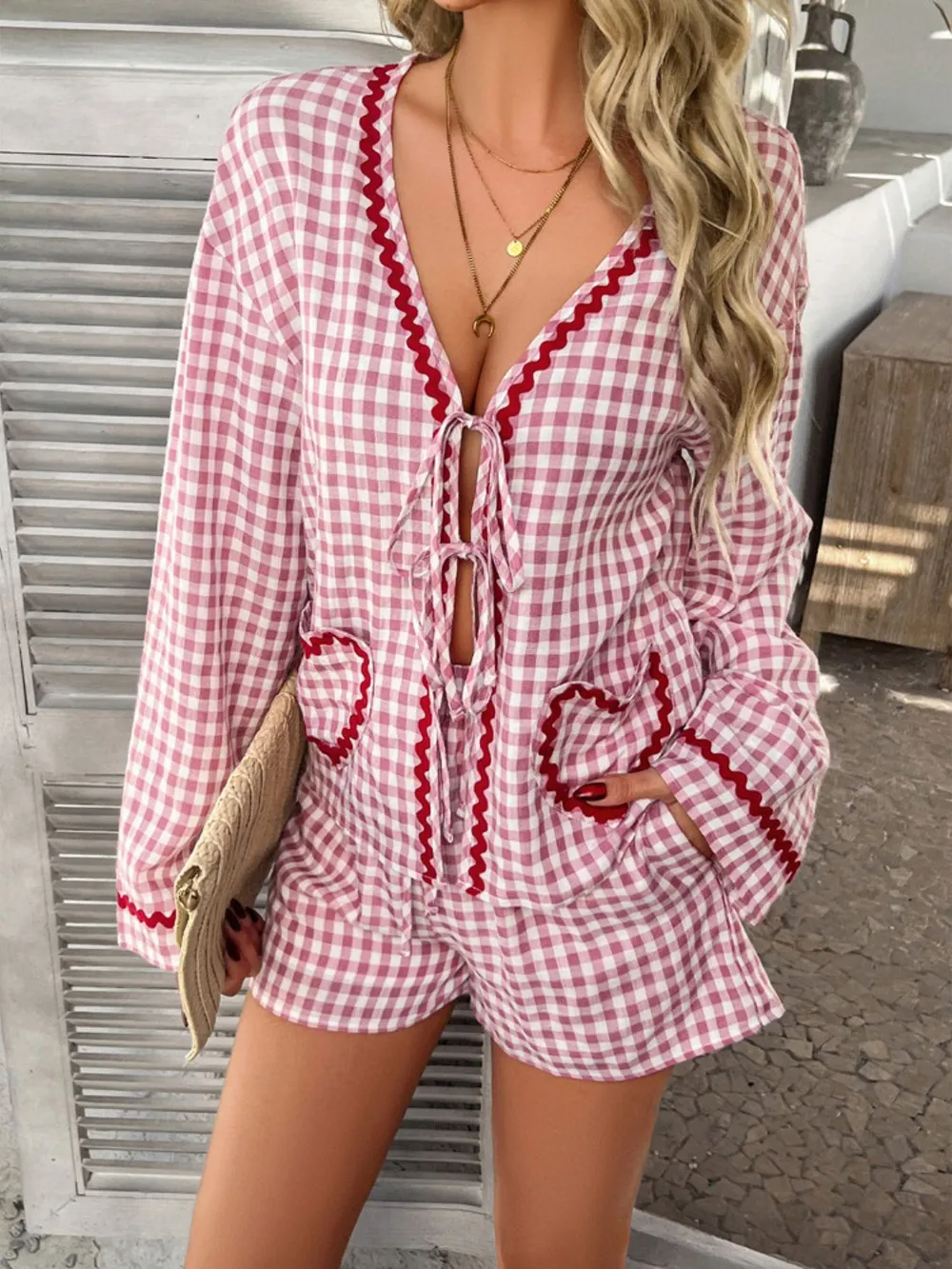 Tie Front Contrast Plaid Shirt and Shorts Set, image 4