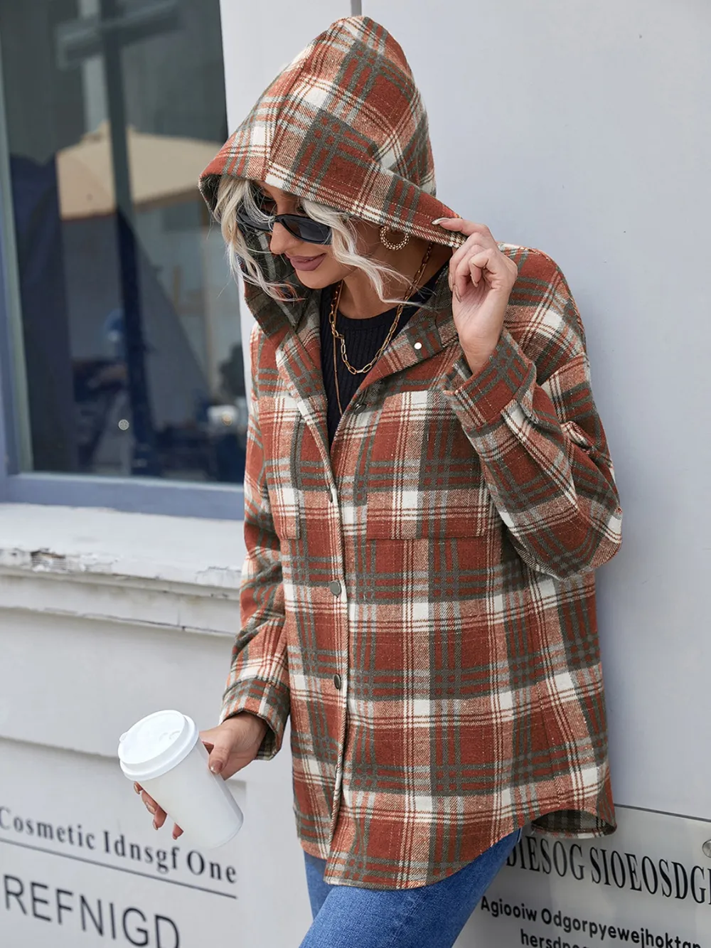Plaid Button Up Long Sleeve Hooded Jacket, image 9