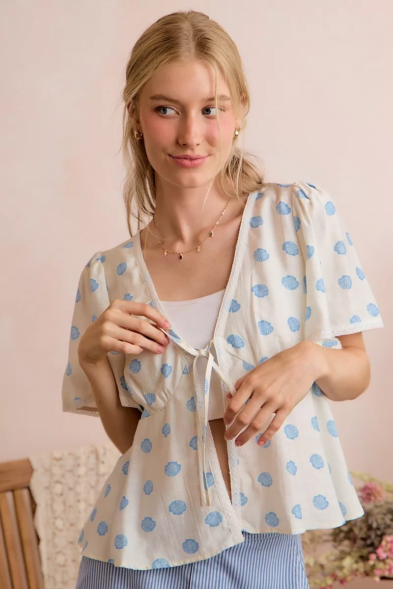 Shell Print Tie Front Flutter Sleeves Blouse Top, image 9