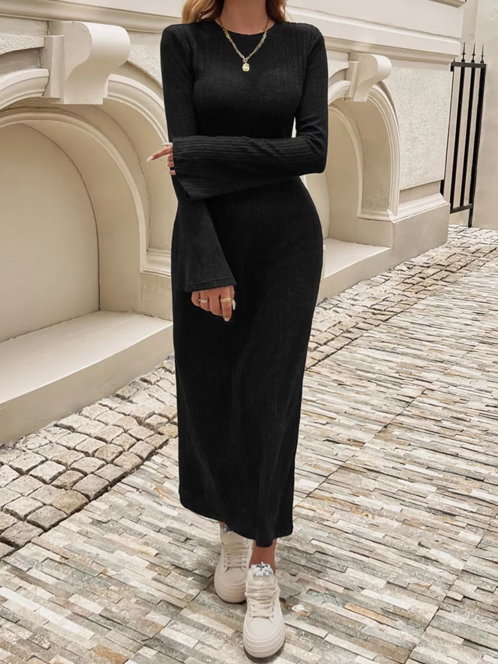 Ribbed Knit Long Sleeve Midi Dress, image 5