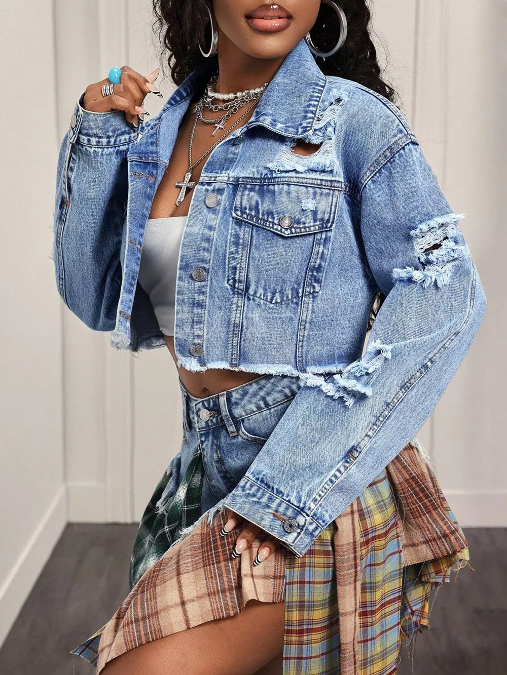 Distressed Cropped Denim Jacket, image 5