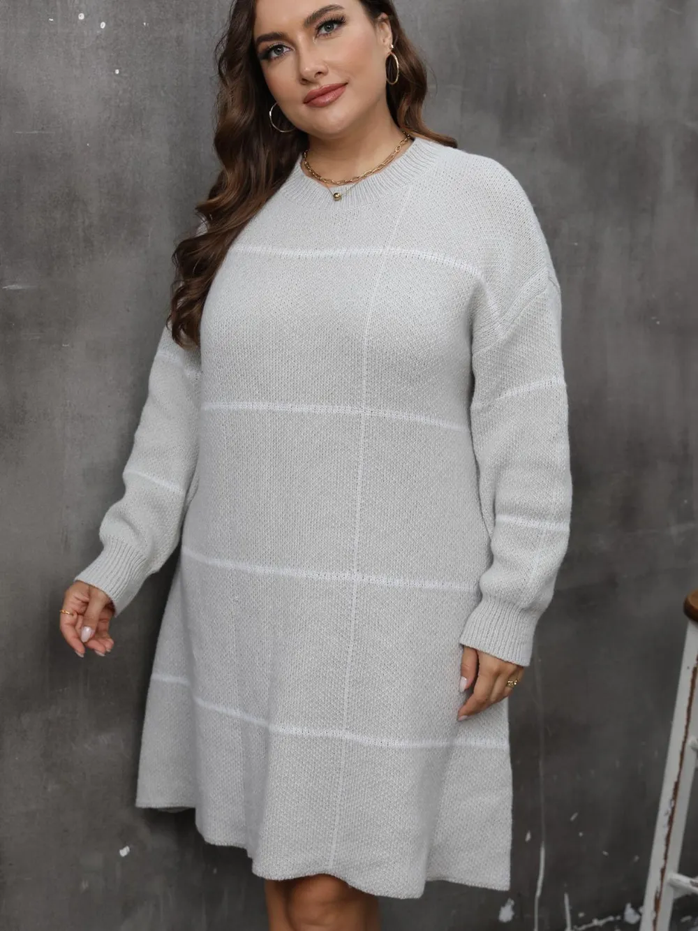 Plus Size Round Neck Long Sleeve Sweater Dress, image 3
