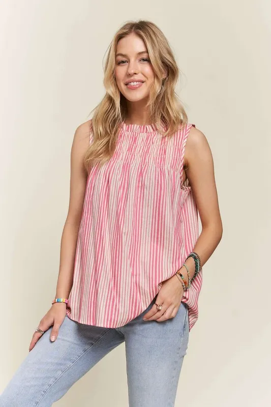 Contrast Striped Frill Round Neck Sleeveless Top