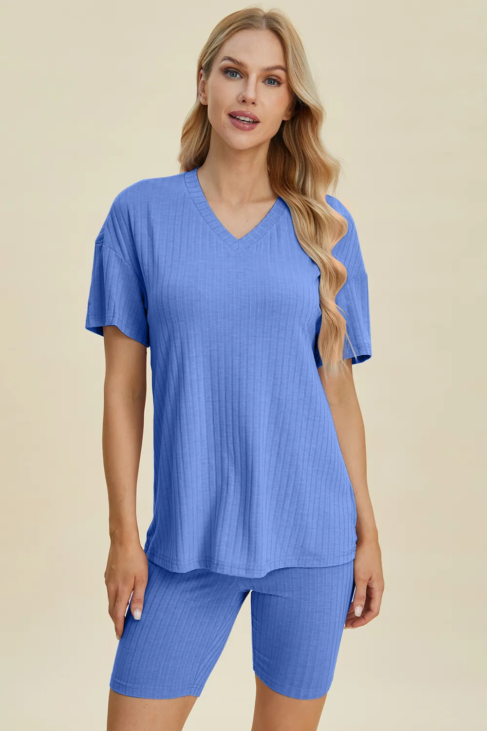 Full Size Ribbed V-Neck Short Sleeve Top and Shorts Set, image 30