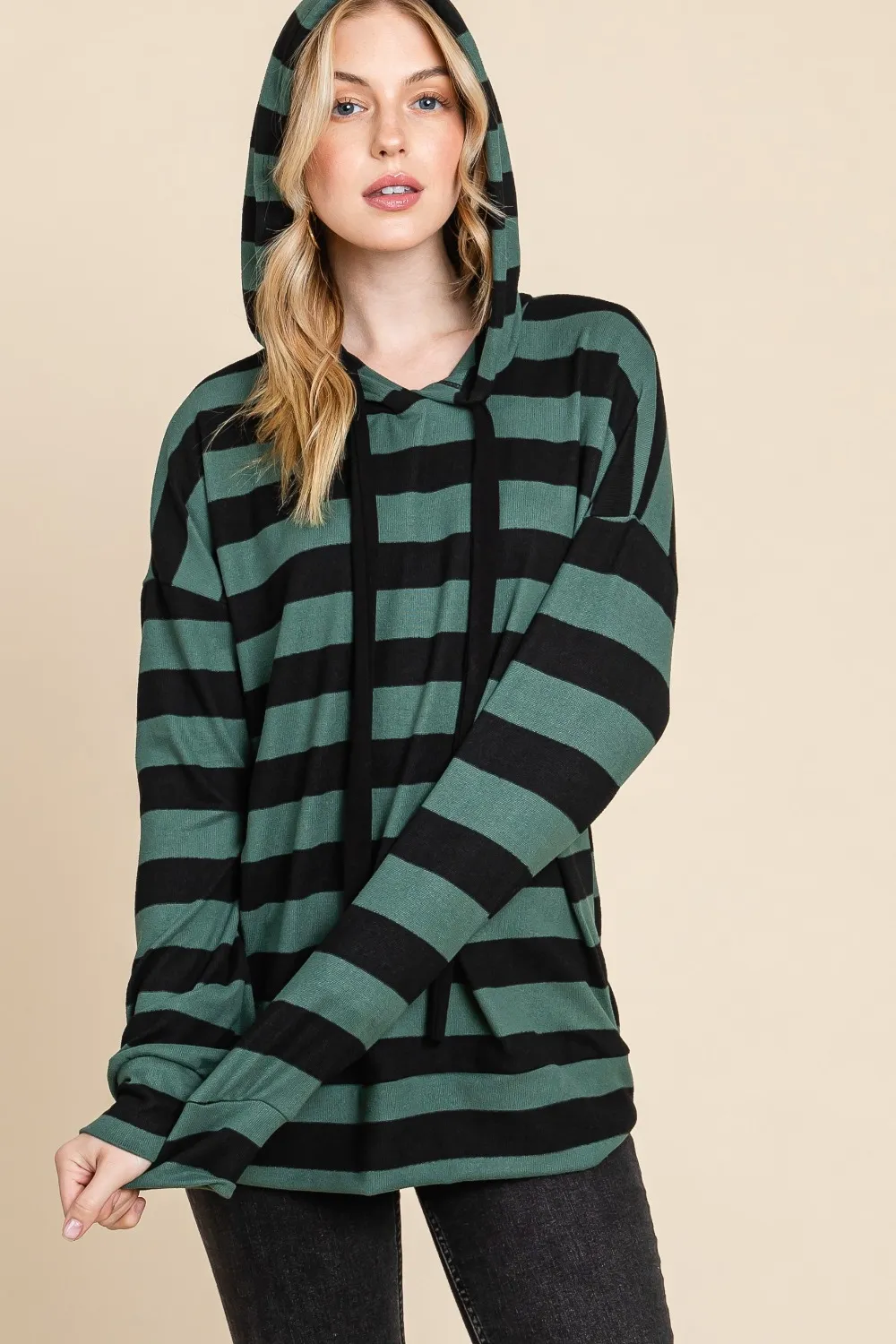 Drawstring Striped Dropped Shoulder Hoodie, image 4