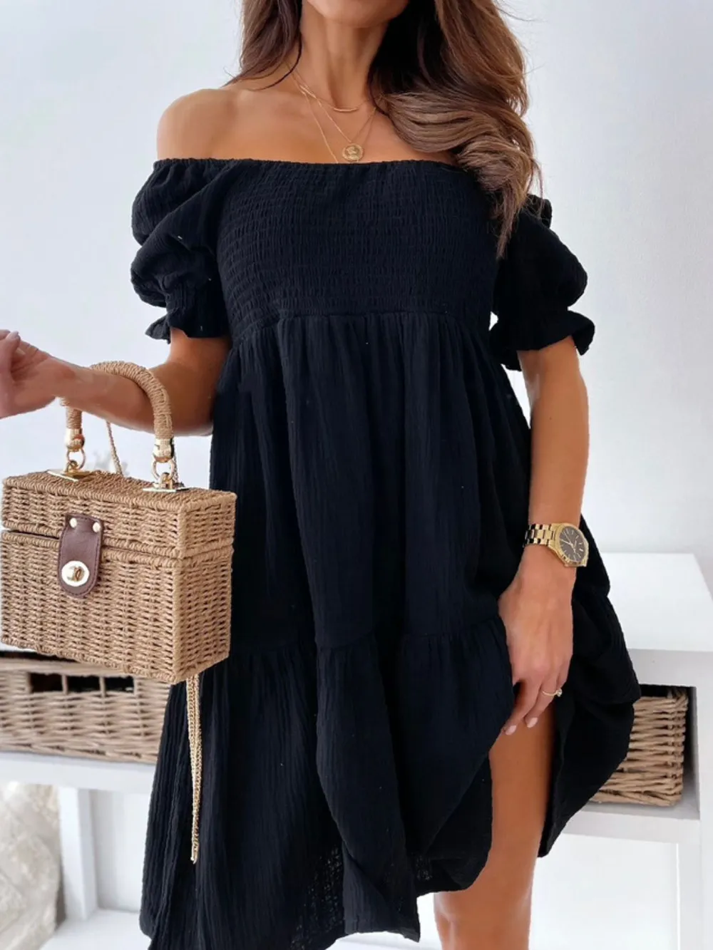 Smocked Off-Shoulder Mini Dress, image 8