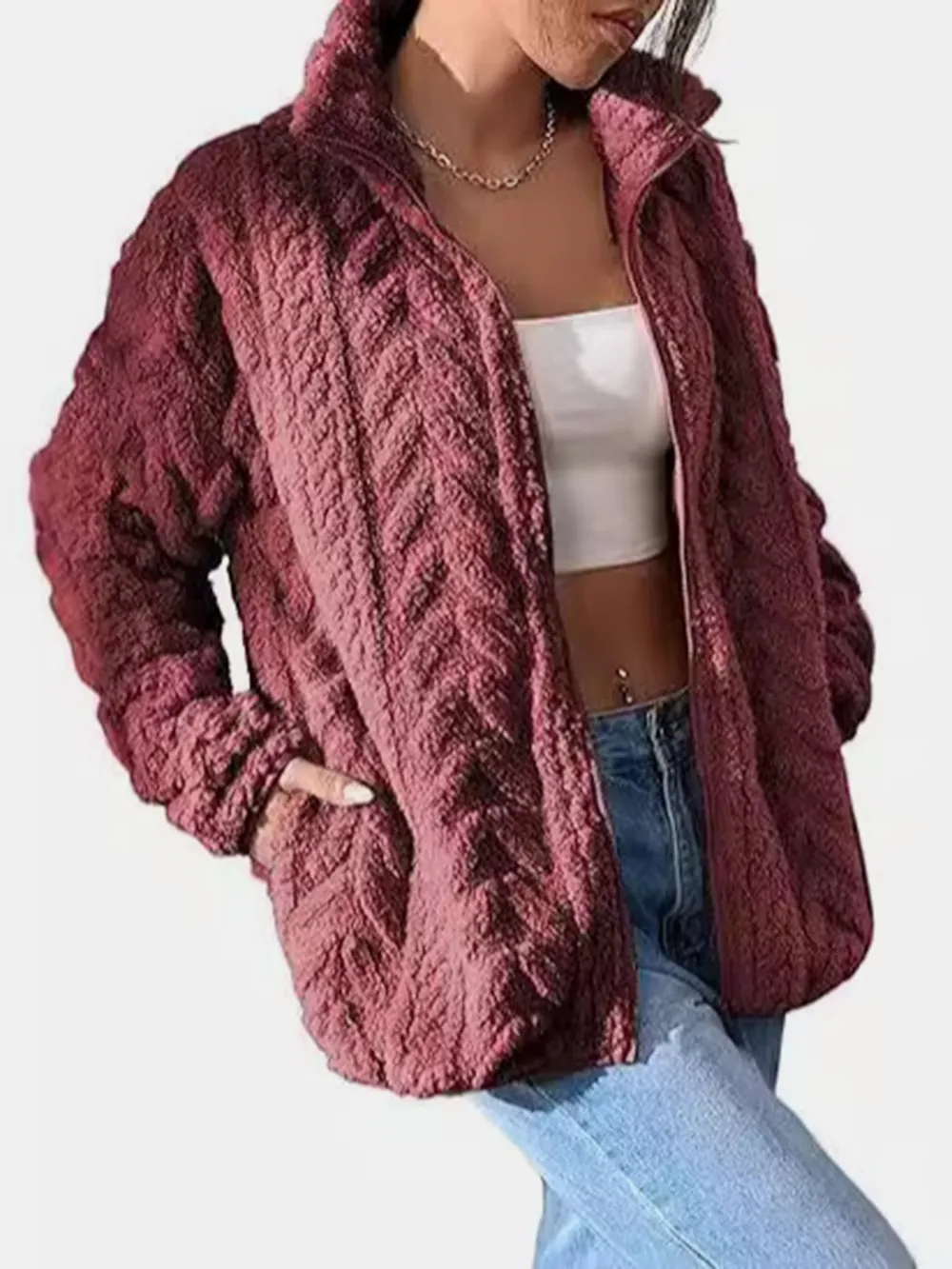 Fuzzy Zip Up Long Sleeve Jacket, image 3
