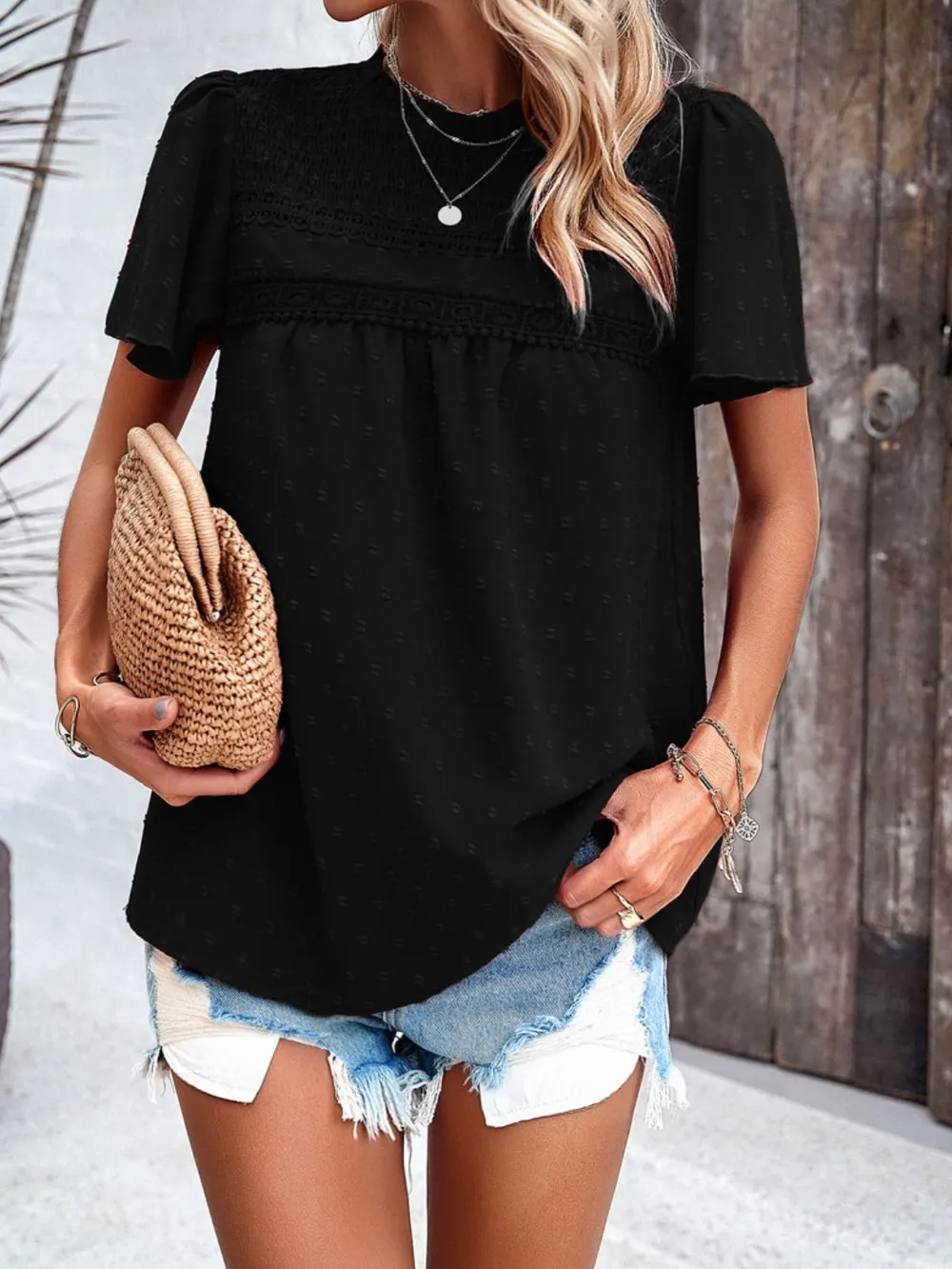 Swiss Dot Smocked Round Neck Short Sleeve Blouse
