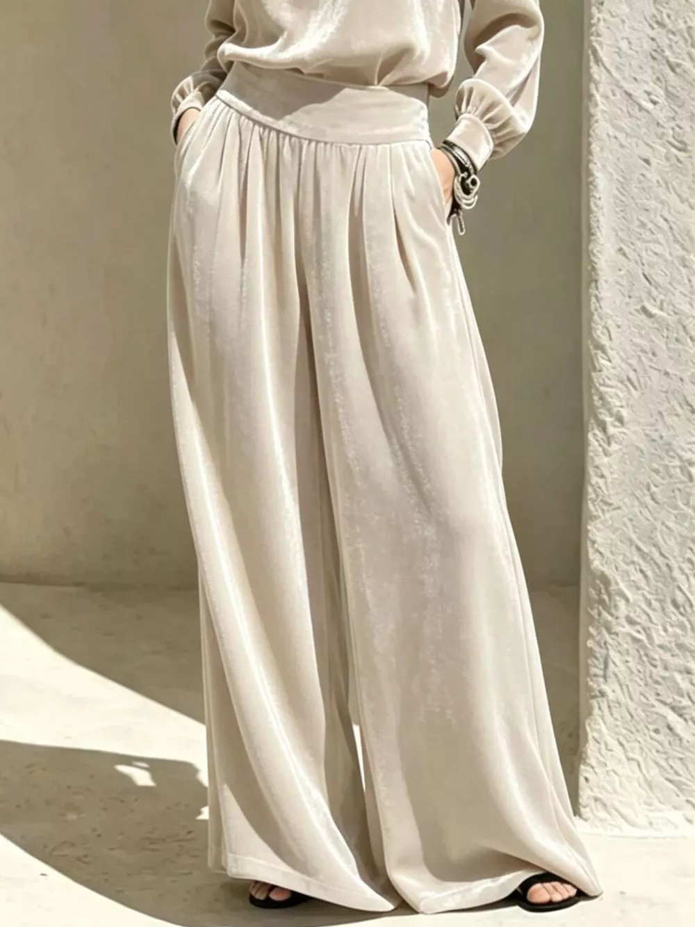 Velvet Mock Neck Long Sleeve Top and Wide-Leg Pants Set, image 6