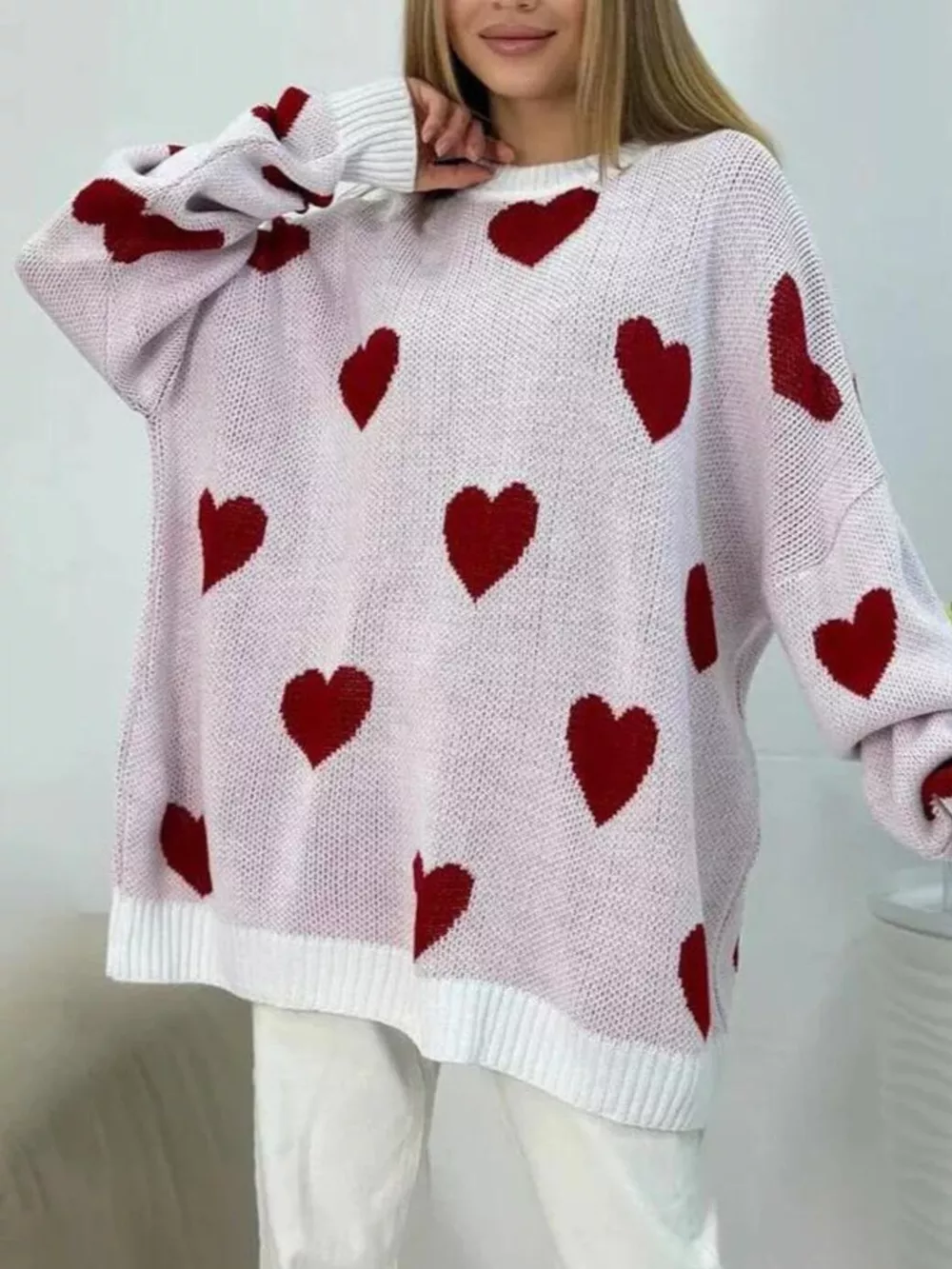 Heart Round Neck Oversized Knit Sweater, image 8