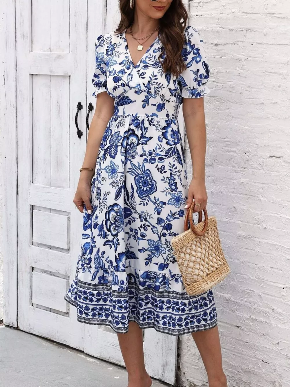 Floral Print Puff Sleeve Wrap Midi Dress, image 4