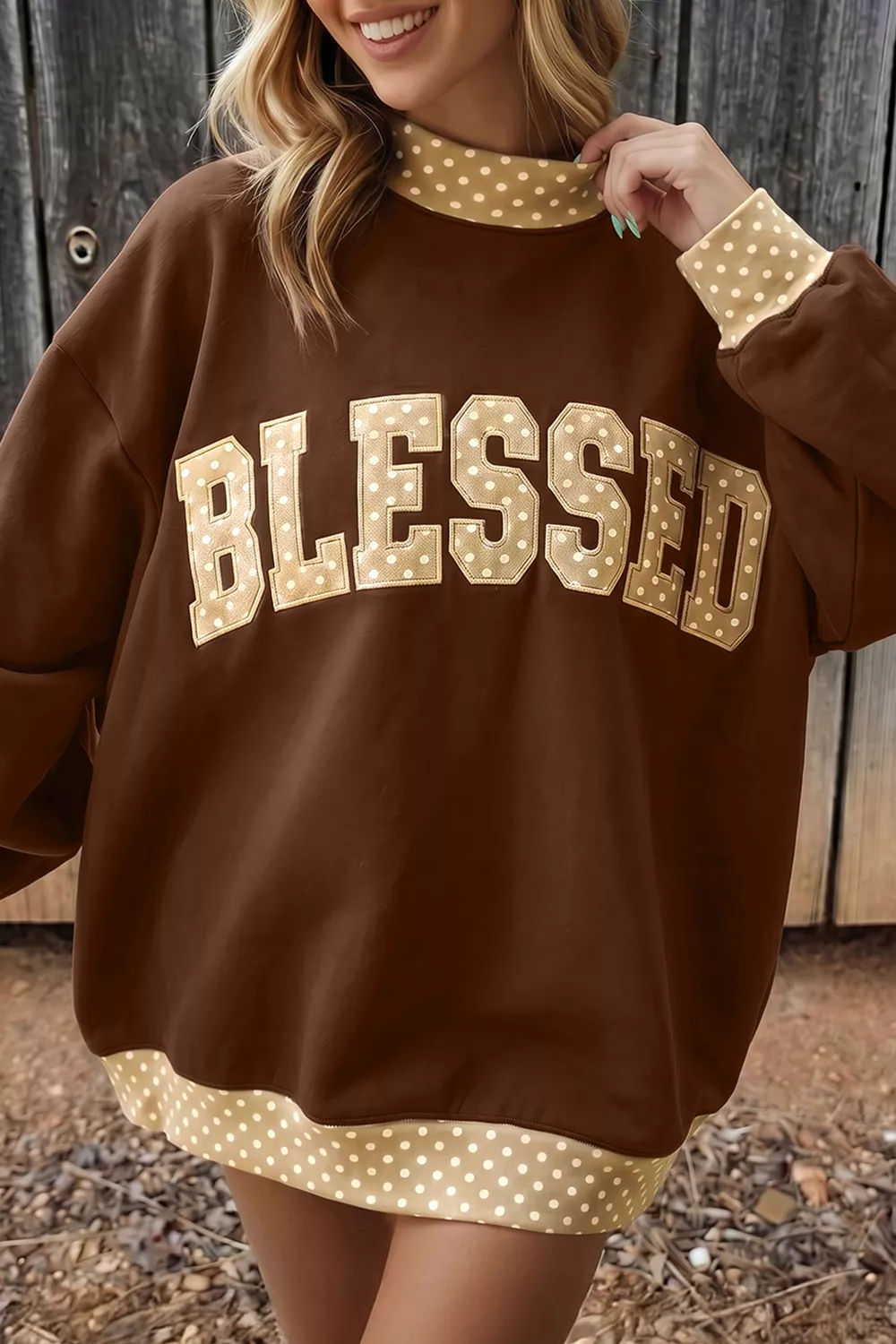 Polka Dot Trim High Neck BLESSED Letter Graphic Baggy Sweatshirt