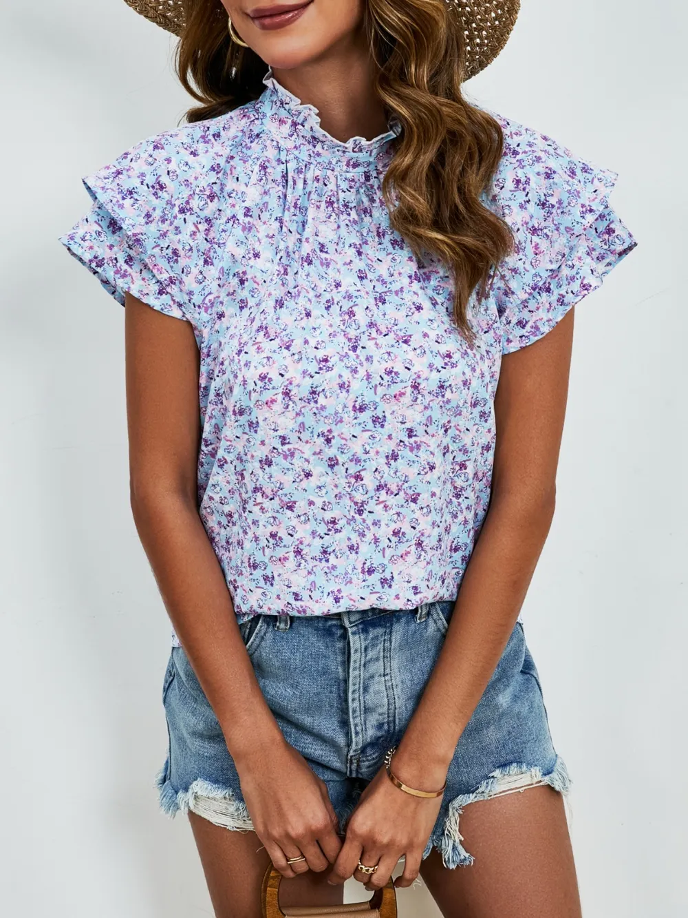 Ditsy Floral Mock Neck Flounce Sleeve Blouse, image 4