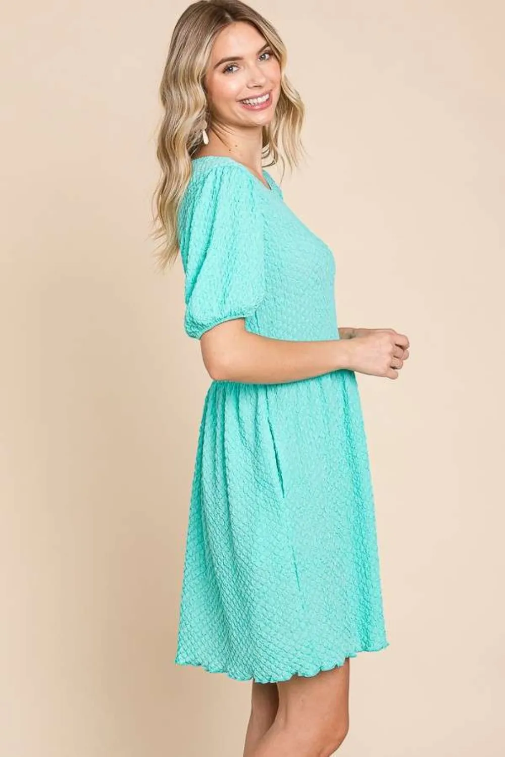 Full Size Textured Round Neck Puff Sleeve Dress, image 4
