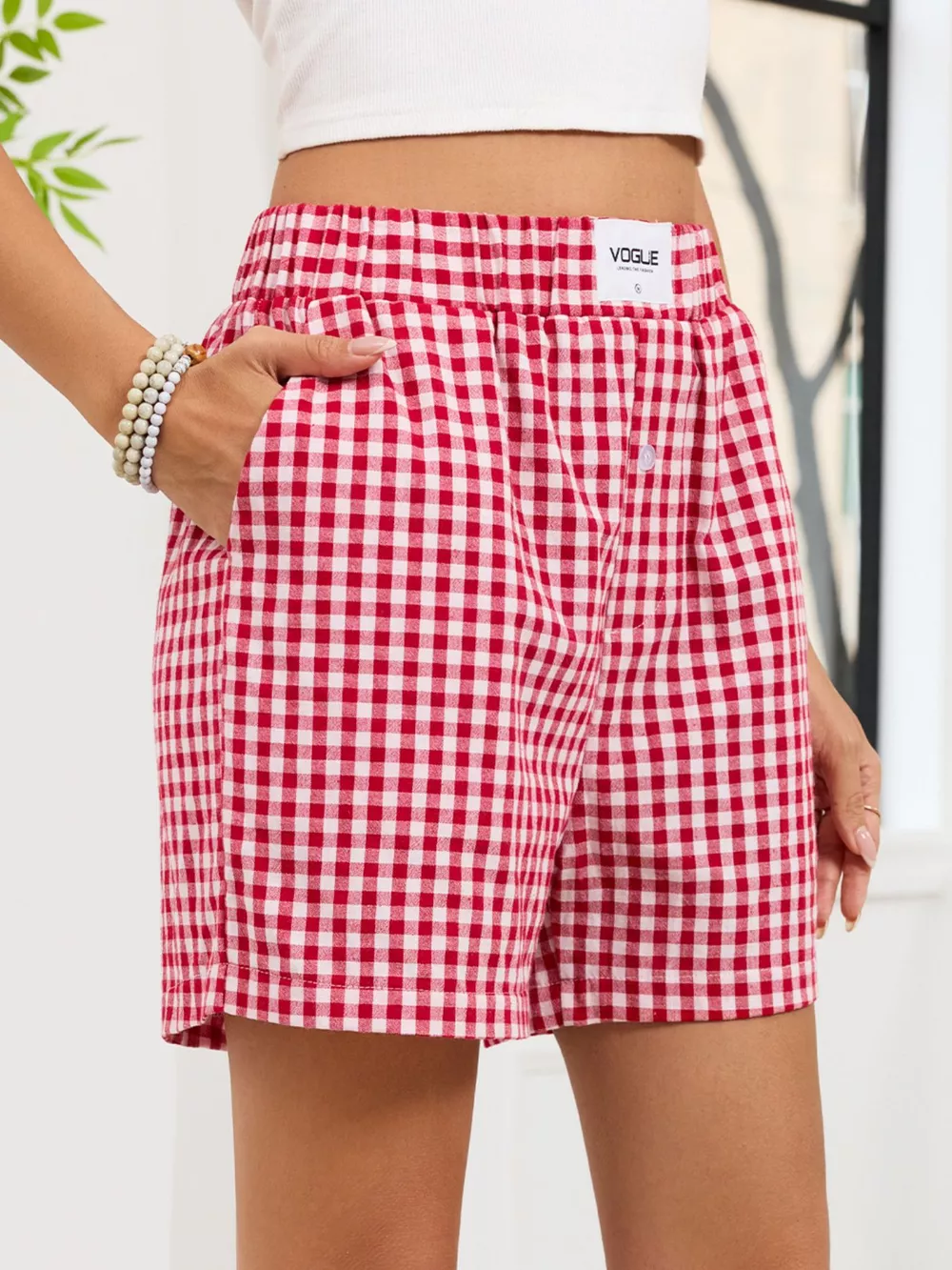 Gingham Elastic Waist Casual Shorts, image 24