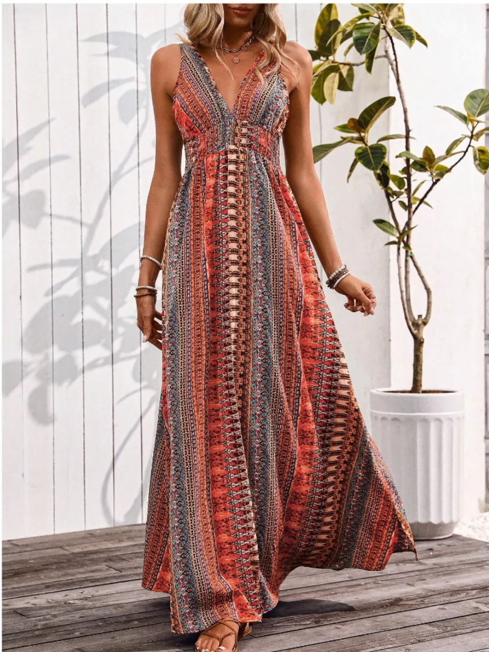 Tied Back Printed Sleeveless Maxi Slit Dress, image 7