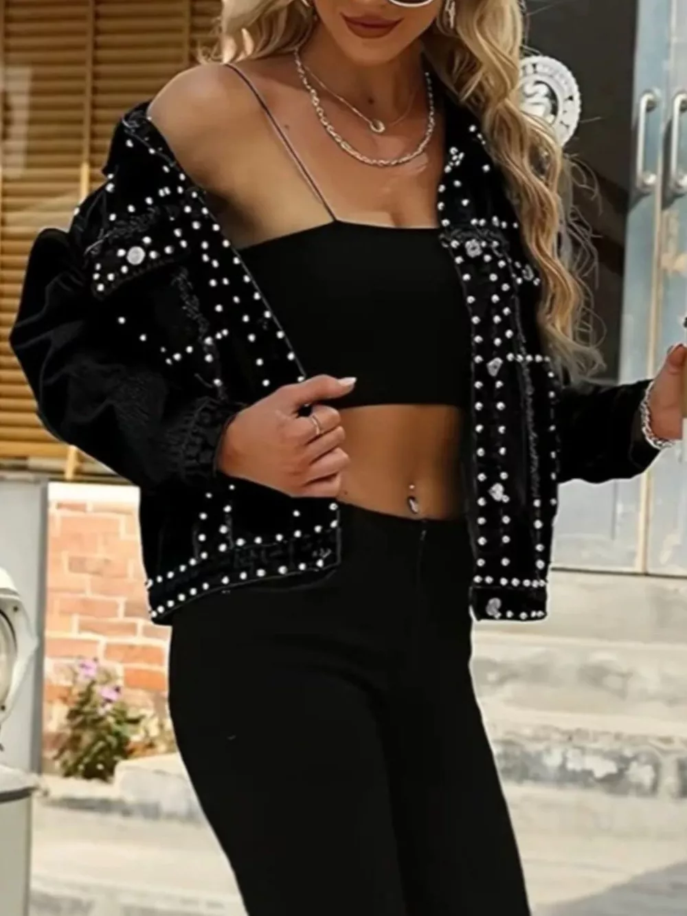 Full Size Studded Button Up Denim Jacket Plus Size, image 2