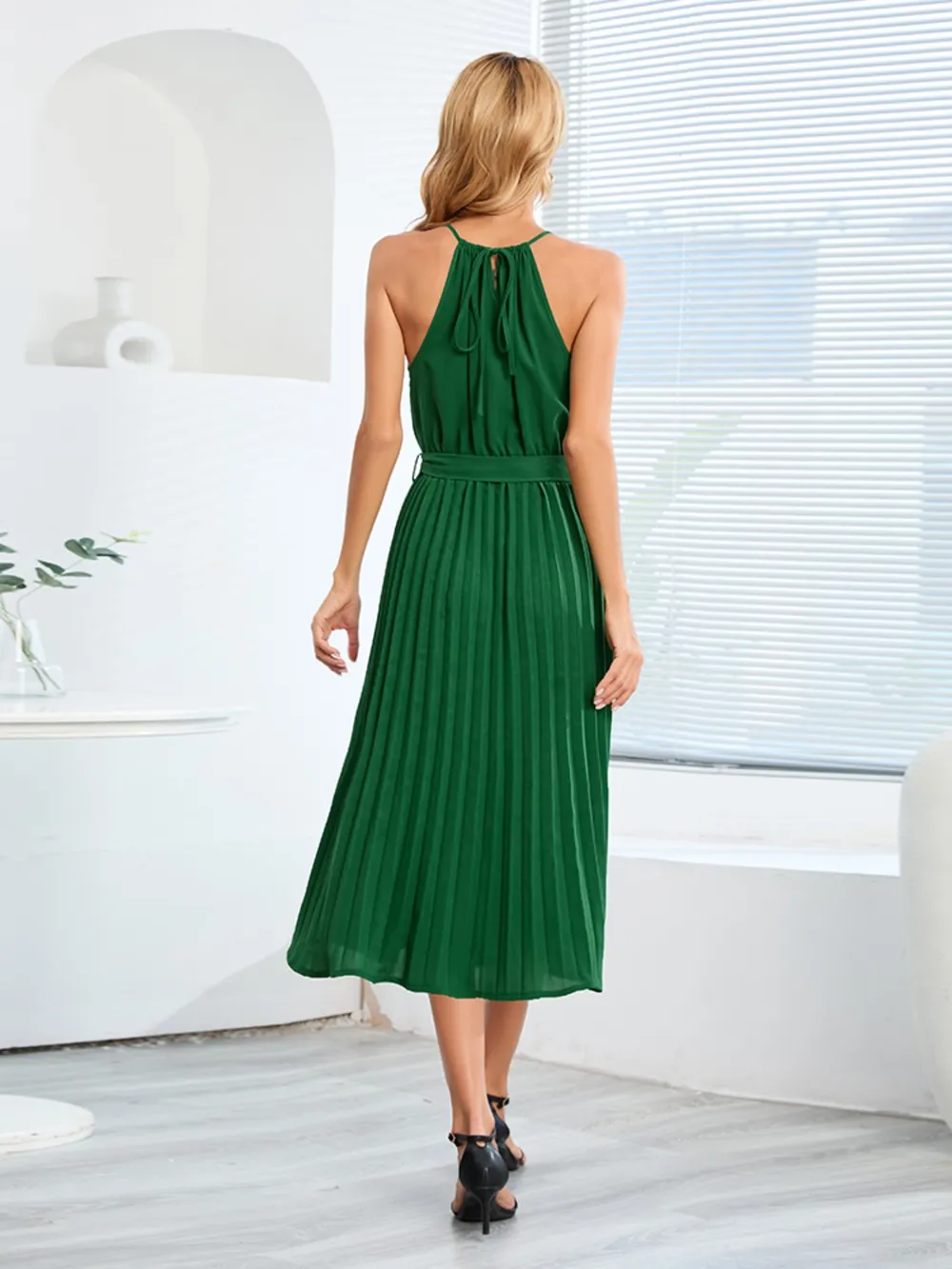 Pleated Spaghetti Strap Tie Waist Midi Dress, image 22