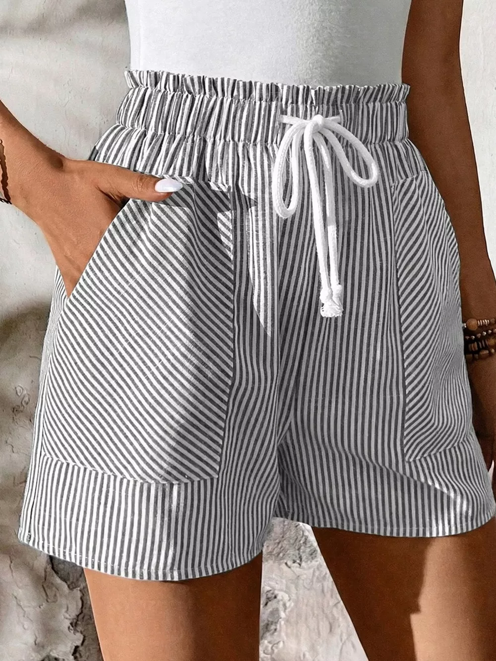 Striped Elastic Waist Drawstring Shorts, image 4