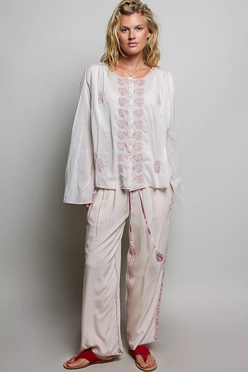 POL Embroidered Gathered Shoulder Long Sleeve Shirt, image 7