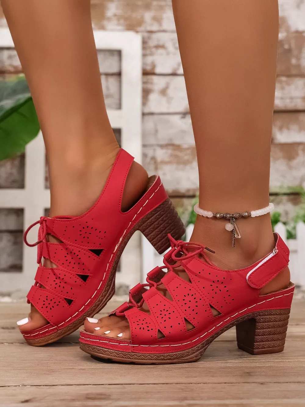 Lace-Up Chunky Heel Eyelet Sandals, image 9
