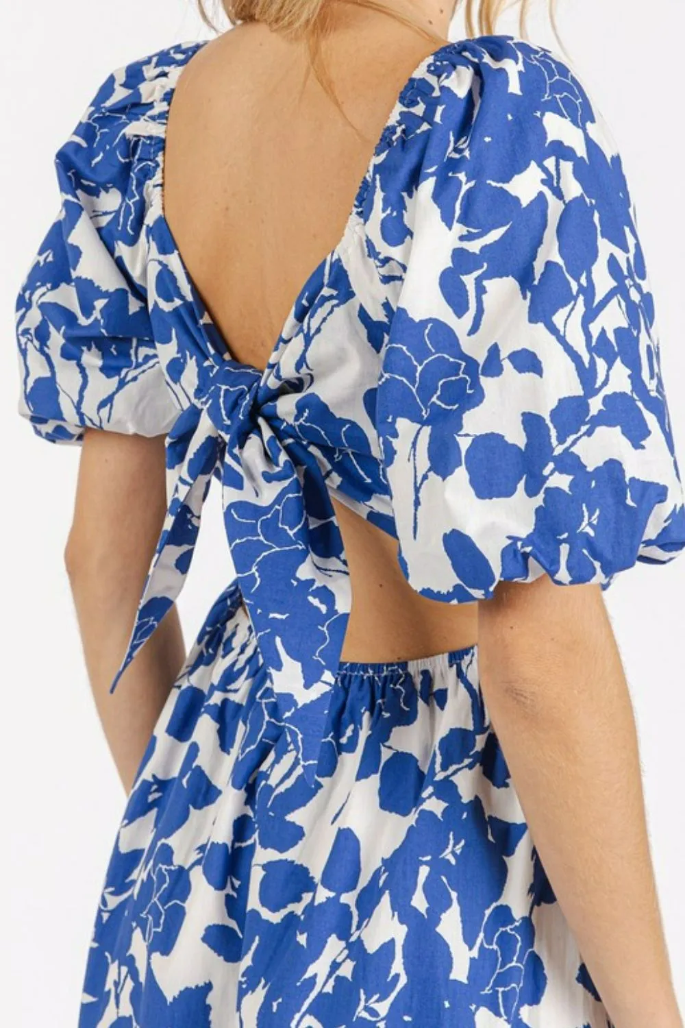 Cutout Back Floral Sweetheart Neck Puff Sleeve Dress, image 8