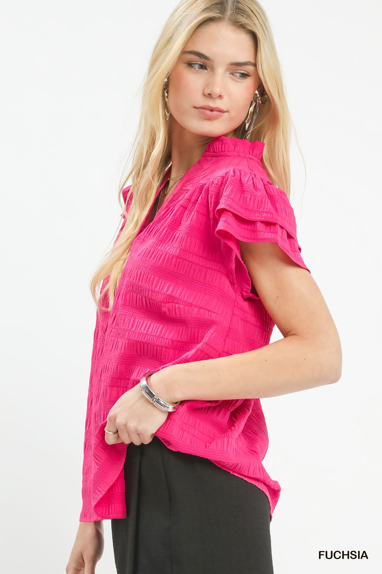 Textured Flutter Sleeve Split Neck Top, image 2