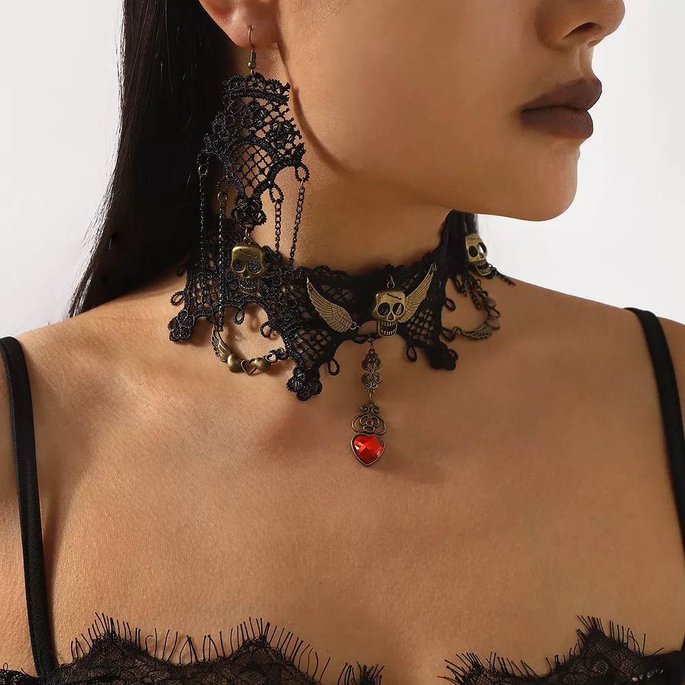 Halloween Lace Skull Necklace and Earrings Jewelry Set, image 4