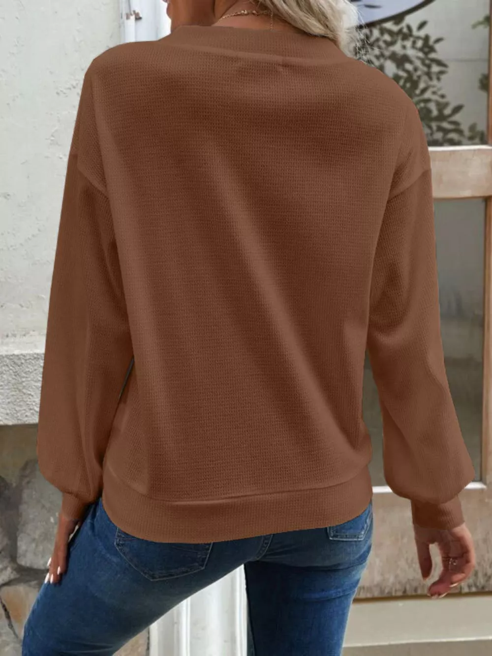 Casual V-Neck Waffle Long Sleeve Top, image 14