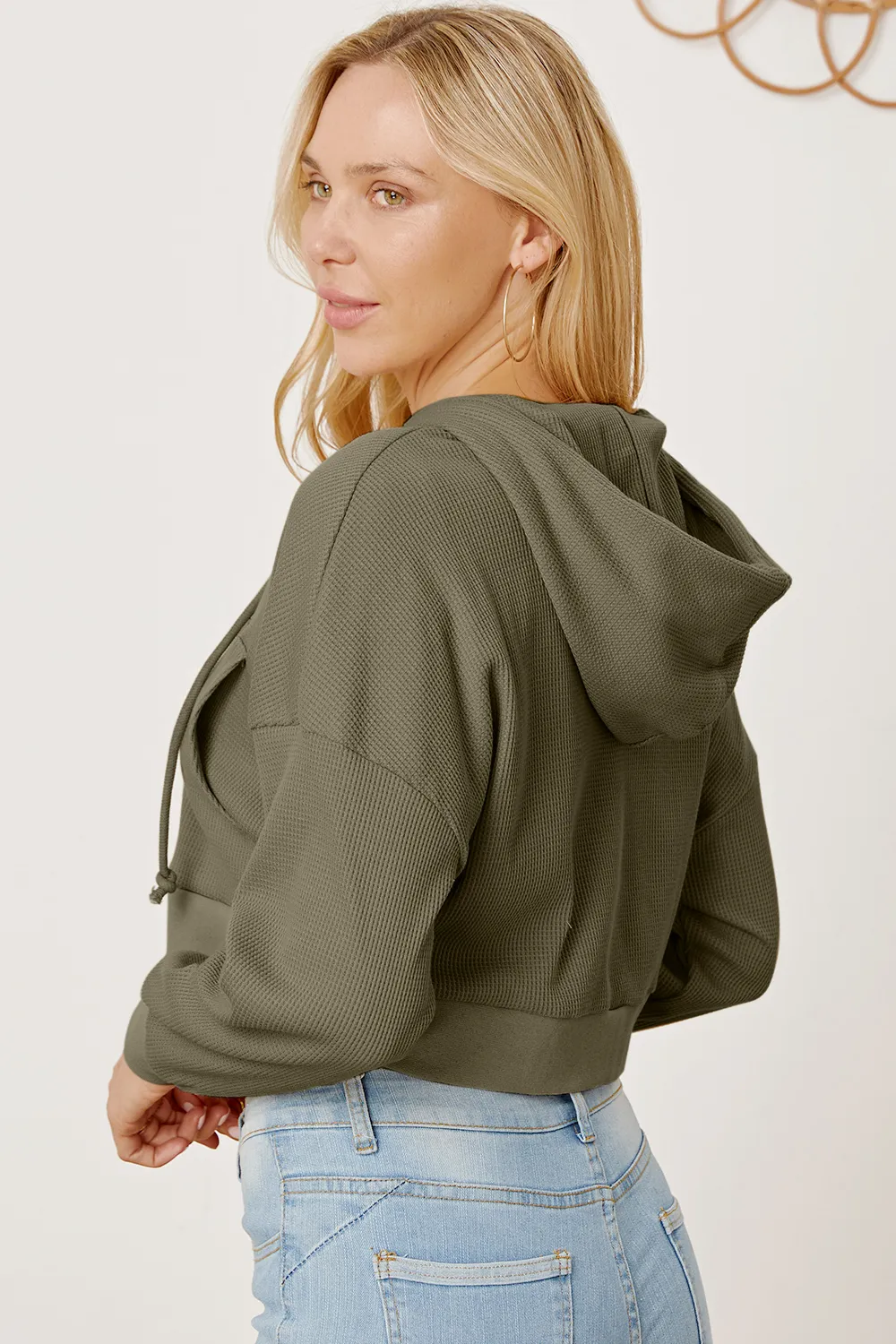 Waffle-Knit Drawstring Zip Up Hoodie, image 11