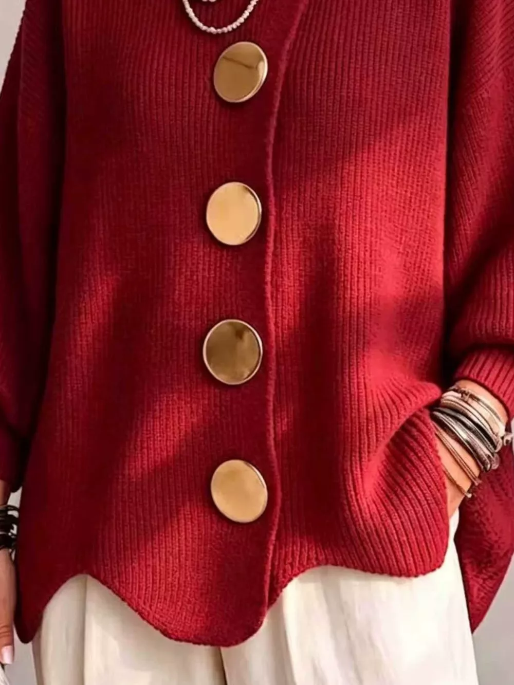 Full Size Gold Buttons Lantern Sleeve Cardigan Plus Size, image 12