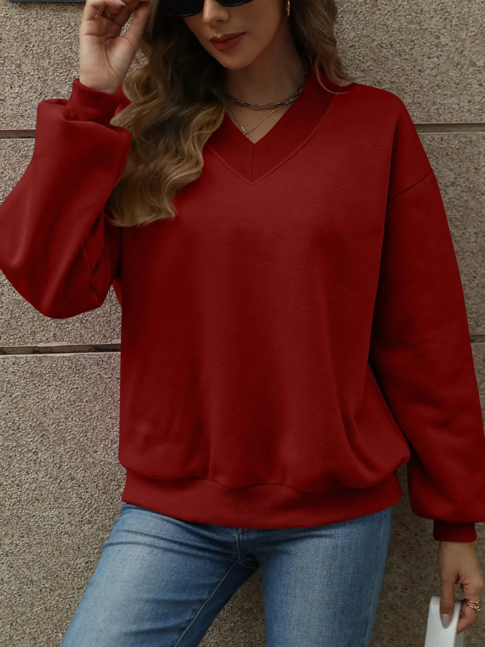 V-Neck Long Sleeve Dropped Shoulder Sweatshirt, image 22