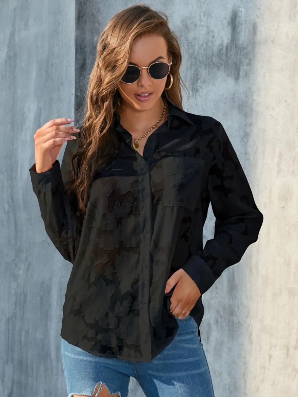 Full Size Collared Neck Long Sleeve Shirt Plus Size