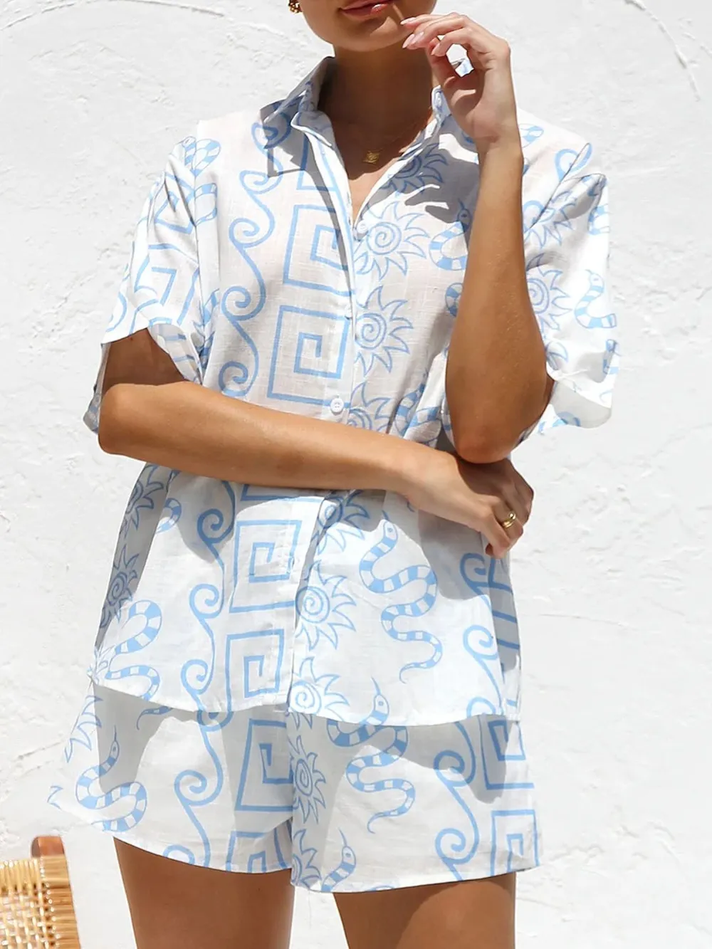 Printed Button Up Top and Shorts Set, image 8