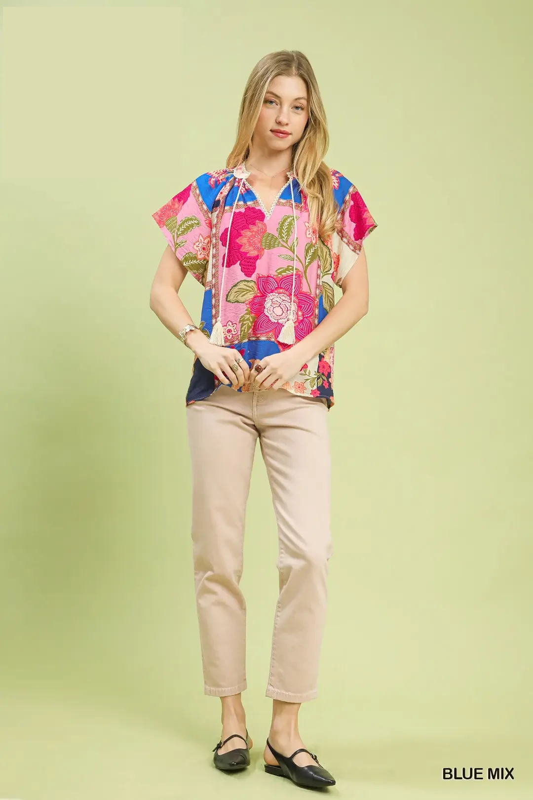 Mix Floral Patchwork Tassel Tie Top, image 4