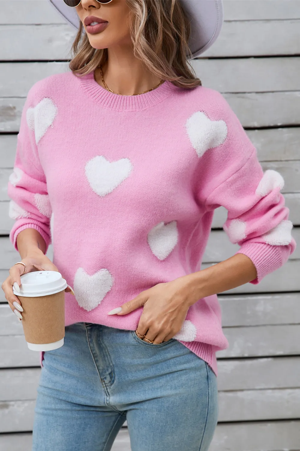 Heart Round Neck Long Sleeve Sweater, image 8