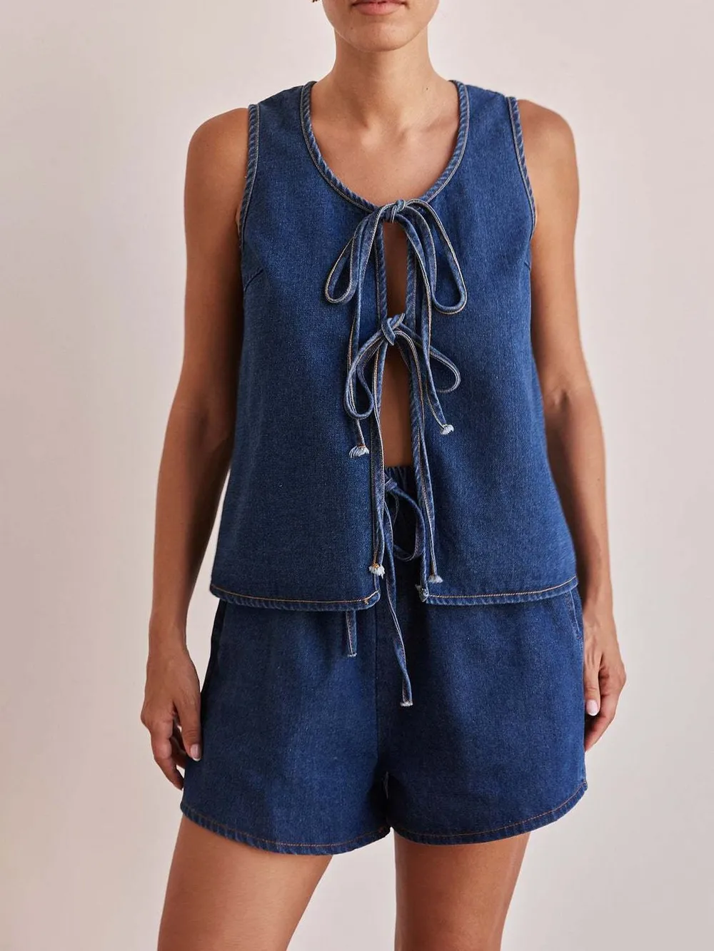 Tie Front Vest and Shorts Denim Set, image 6