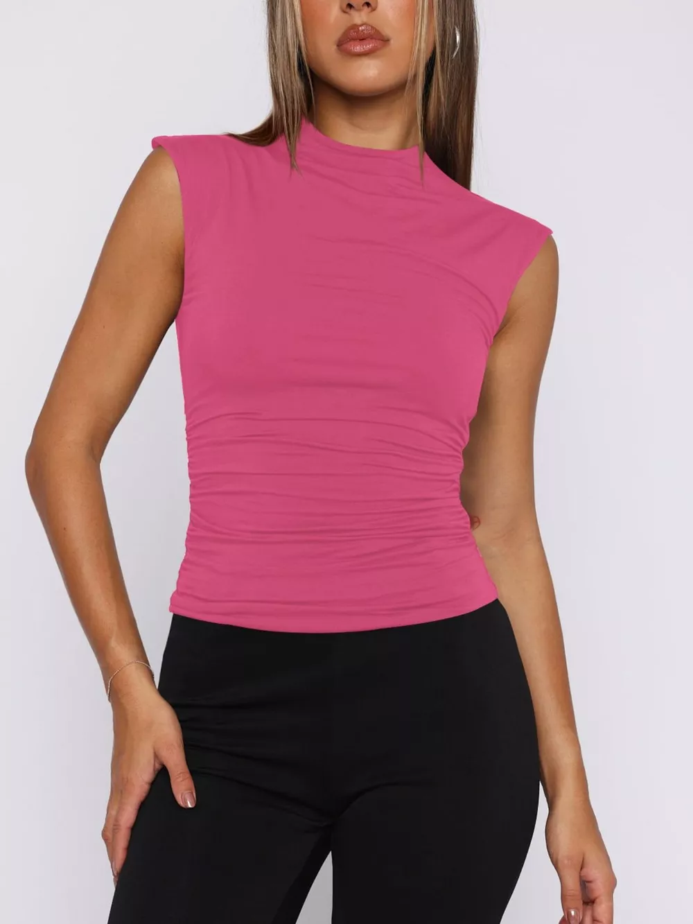Ruched Mock Neck Sleeveless Tank Top, image 16