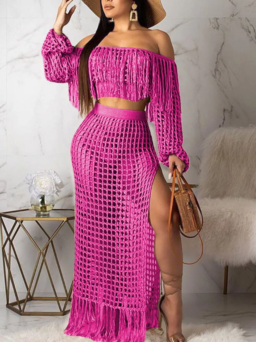 Full Size Crochet Off-Shoulder Fringe Top and Skirt Set Plus Size, image 13