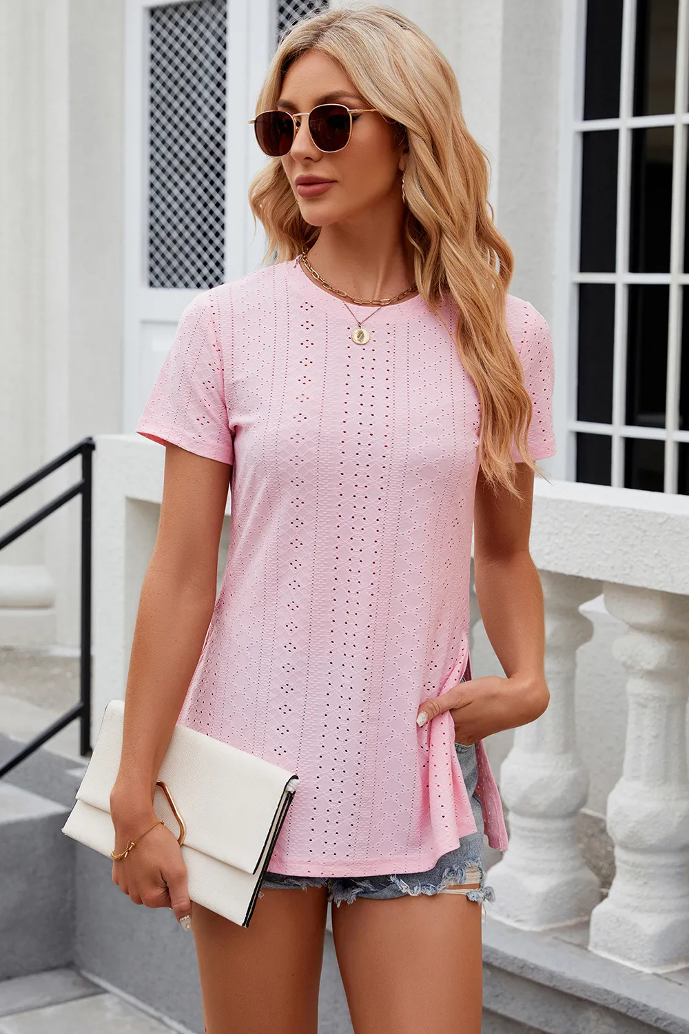 Eyelet Slit Round Neck Short Sleeve T-Shirt, image 16