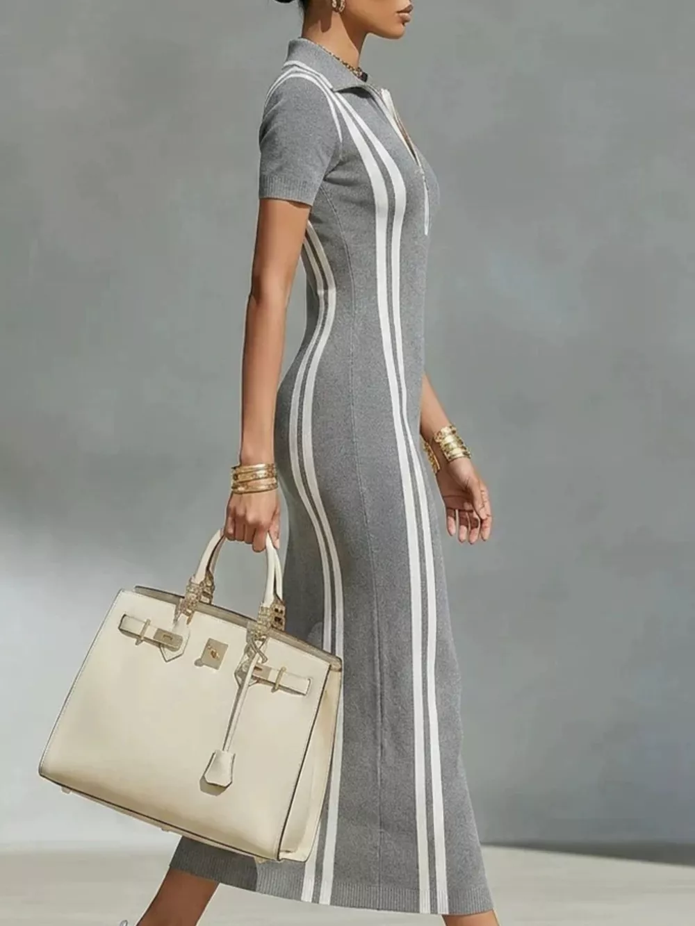 Full Size Contrast Stripes Short Sleeve Midi Dress Plus Size, image 3