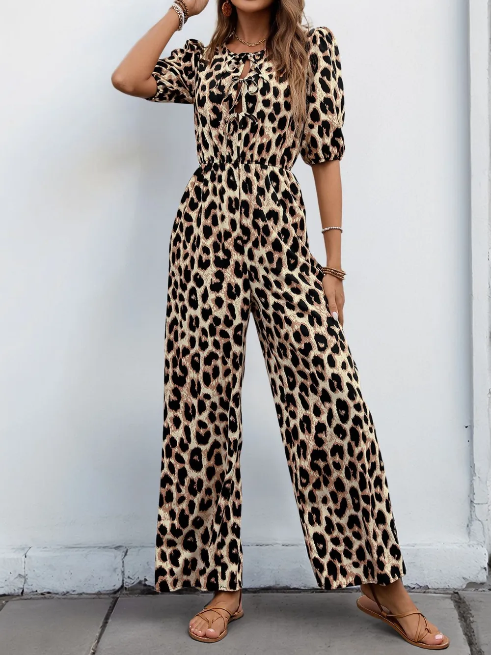 Tied Leopard Half Sleeve Jumpsuit, image 3