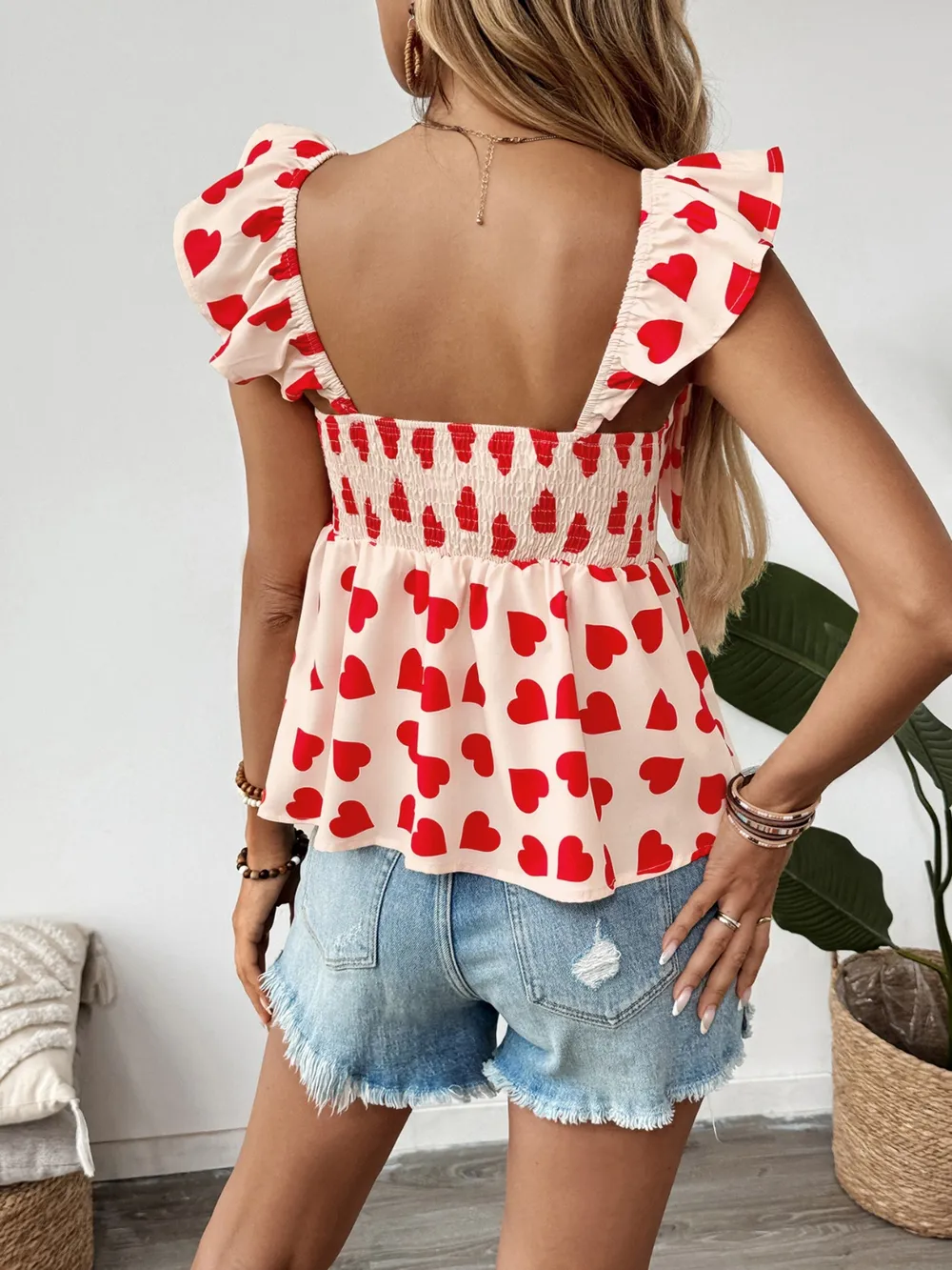 Heart Print Bow Front Peplum Blouse, image 8