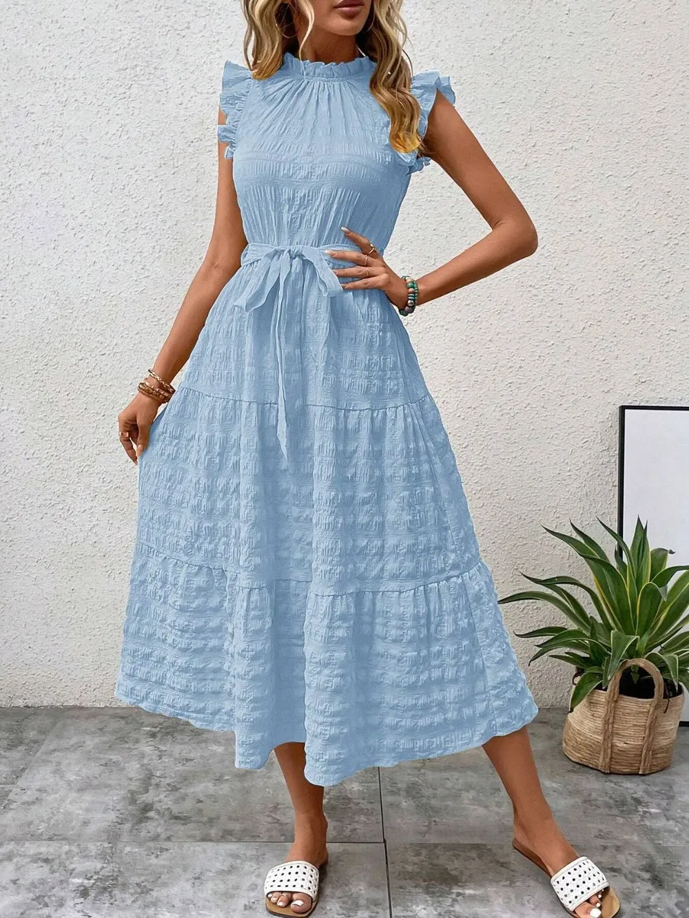 Tied Ruffled Cap Sleeve Midi Dress, image 25