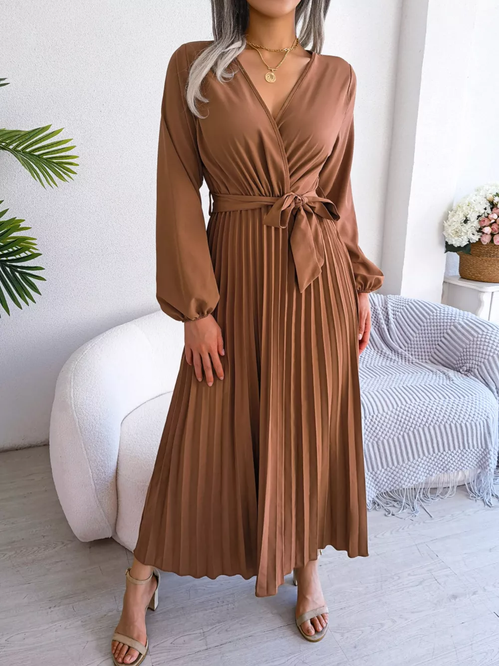 Elegant Pleated Front Tie Long Sleeve Dress, image 12